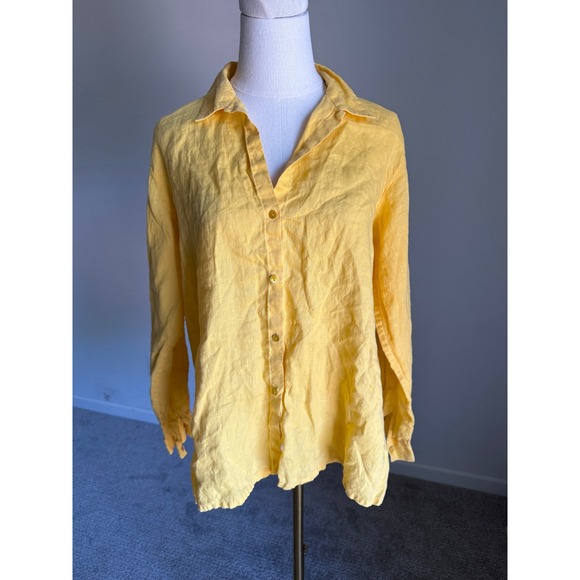 Eileen Fisher Yellow Linen Button Down Long Sleeve Shirt Medium Petite - Picture 1 of 8